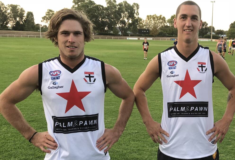 KEY ROLES: Troy Curtis (right) played a starring role up forward as North Wagga unveiled a new strip at Barellan. He kicked five goals, while Corey Watt (left) was also among their best, and picked up two goals.