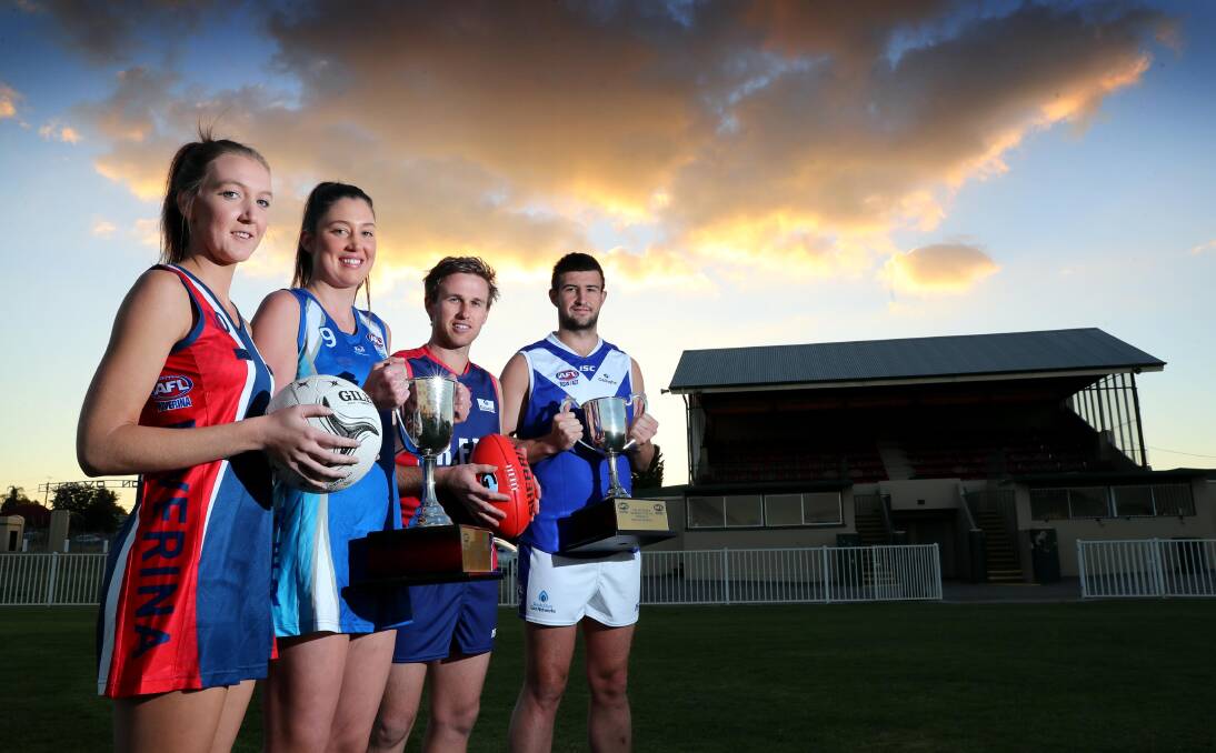 SHOWDOWN: (from left) Netballers Jess Allen (Riverina League) and Jordan Barrett (Farrer League) and footballers Ryan Price (Riverina) and Nick Hull (Farrer) 
at Robertson Oval this week ahead of Saturday's representative clashes between the rival leagues. Picture: Les Smith