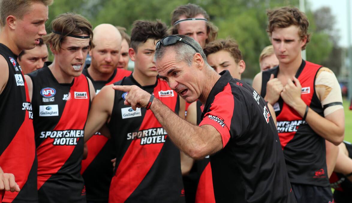 Marrar coach Shane Lenon gives his quarter-time address in their opening round of last season. The Bombers coach can't wait for this year's comp to kick off. Picture: Les Smith