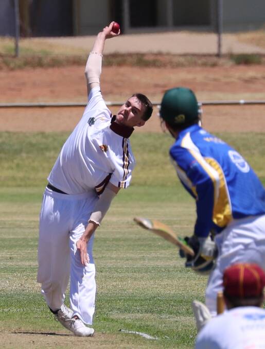 WELCOME RETURN: Lake Albert's Tom Doig bowling against Kooringal last season. He returns from five weeks away for the second day of Lake Albert's game against Colts.
