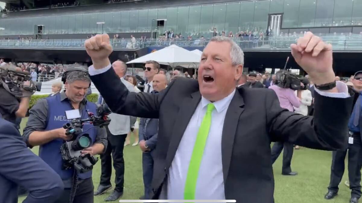 HOW GOOD: Wagga trainer Gary Colvin captured by Sky Racing as Another One hits the front in the Country Championships Final at Randwick on Saturday. 