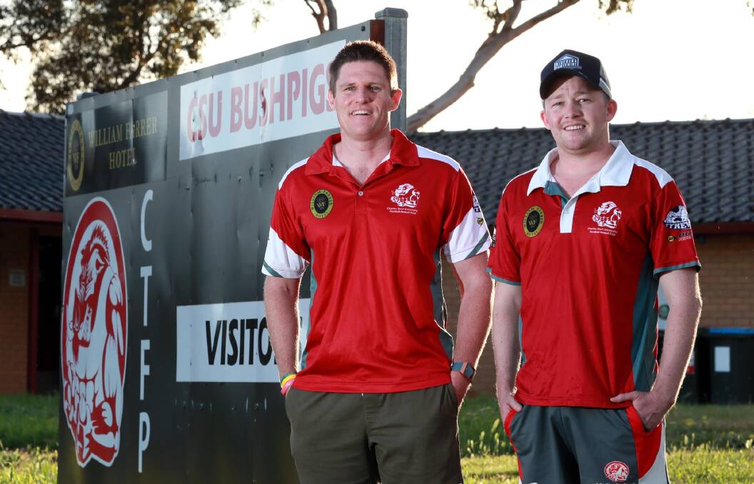 WELCOME ABOARD: New Charles Sturt University coach Travis Cohalan with Bushpigs president Cam Humphries at Peter Hastie Oval on Thursday evening. Picture: Les Smith