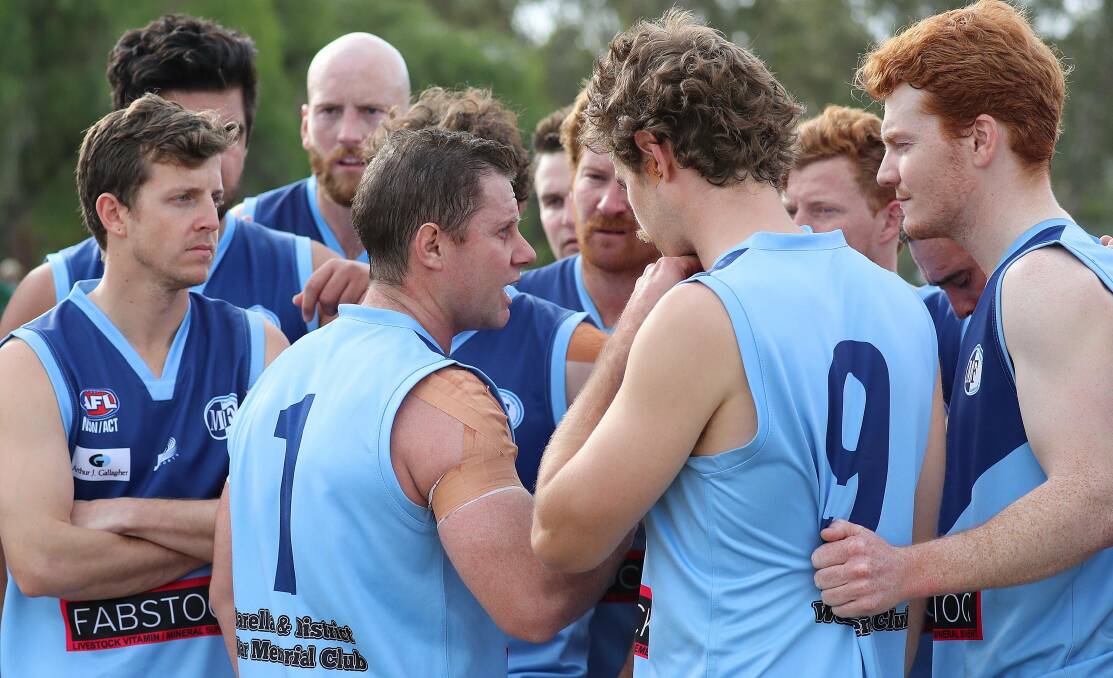WAITING GAME: Barellan coach Sean Browning addresses his players in a game at The Rock late last year. The Two Blues haven't started 'small-group' training yet and will wait to see the outcome on a season.