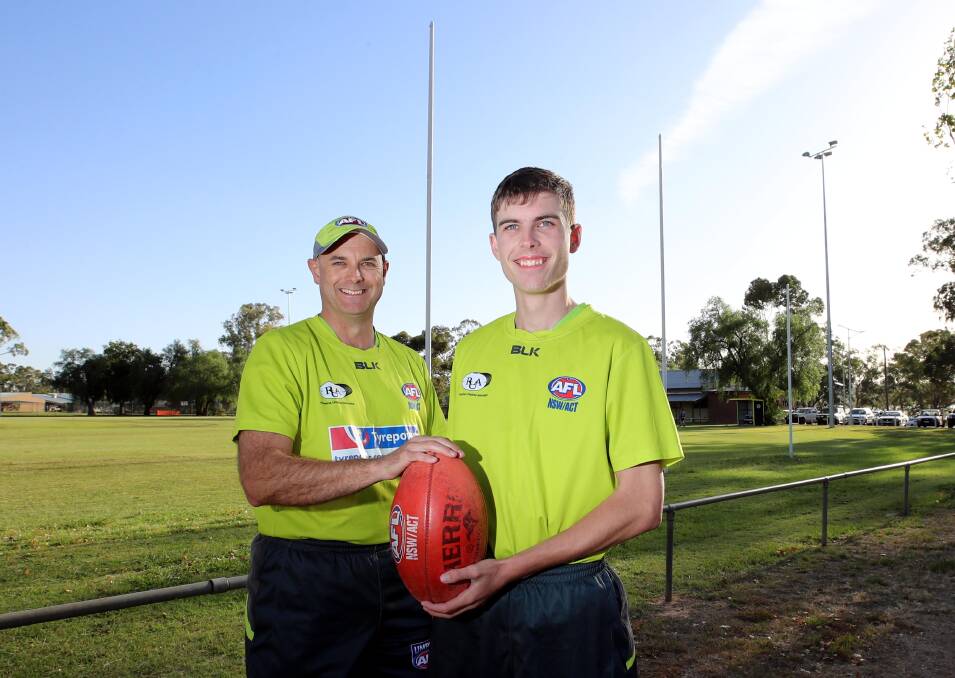 PRE-SEASON PREPARATION: Troy Edwards (left) and Braydon McClintock at Riverina Umpires Association training at Apex Park during the week as AFL Riverina leagues prepare for new rules. Picture: Les Smith