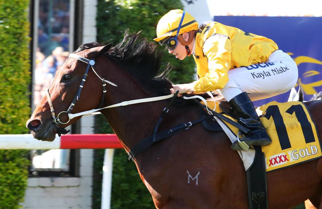 The Sutherland-trained My Maher and jockey Kayla Nisbet hit the line in front in last year's Snake Gully Cup at Gundagai. Picture: Emma Hillier