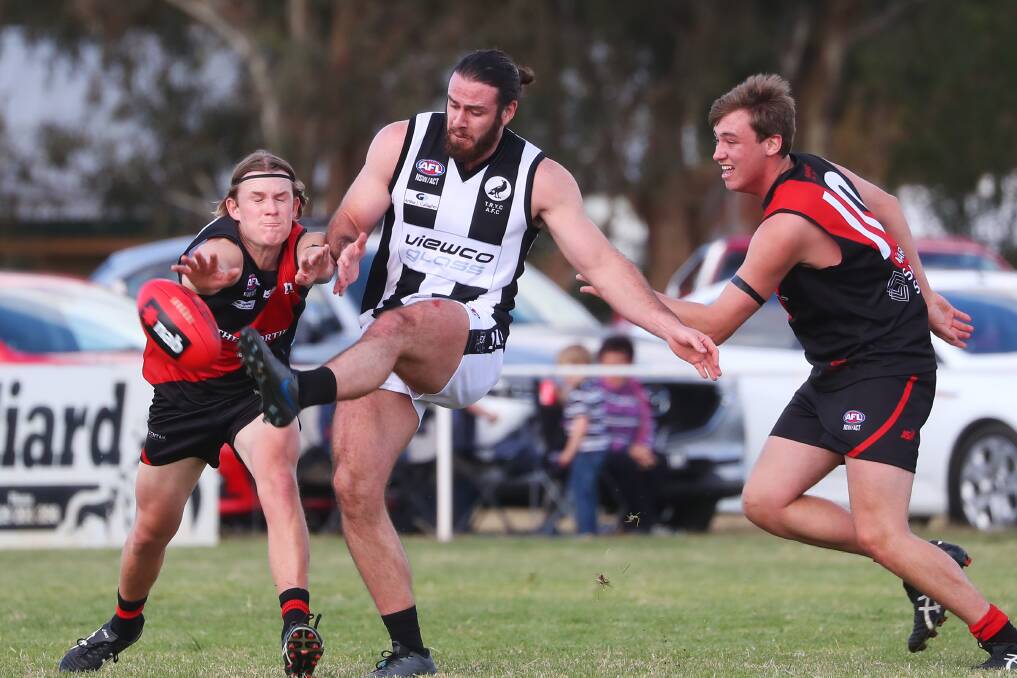 BUDDING TALENT: TRYC centre-half-back Riley Budd gets a kick away against Marrar. The 'Pies lost heavily in the Anzac Challenge but mainly just lost their way and learnt a few lessons they'll be hoping to apply in the back half. 
