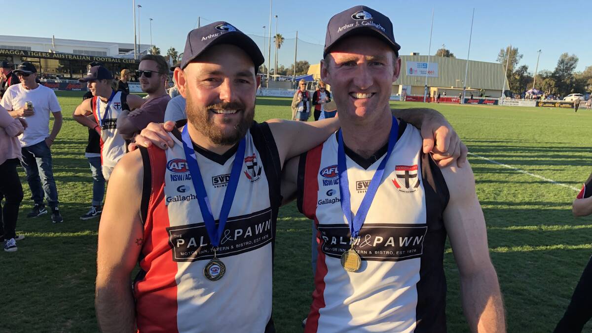 North Wagga assistant coach Lachie Steward will retire after 201 games and four premierships. Almost every game in his career has been alongside Saints co-captain Luke Walsh, who won his eighth premiership, after seven at Ganmain-Grong Grong-Matong. Picture: Peter Doherty