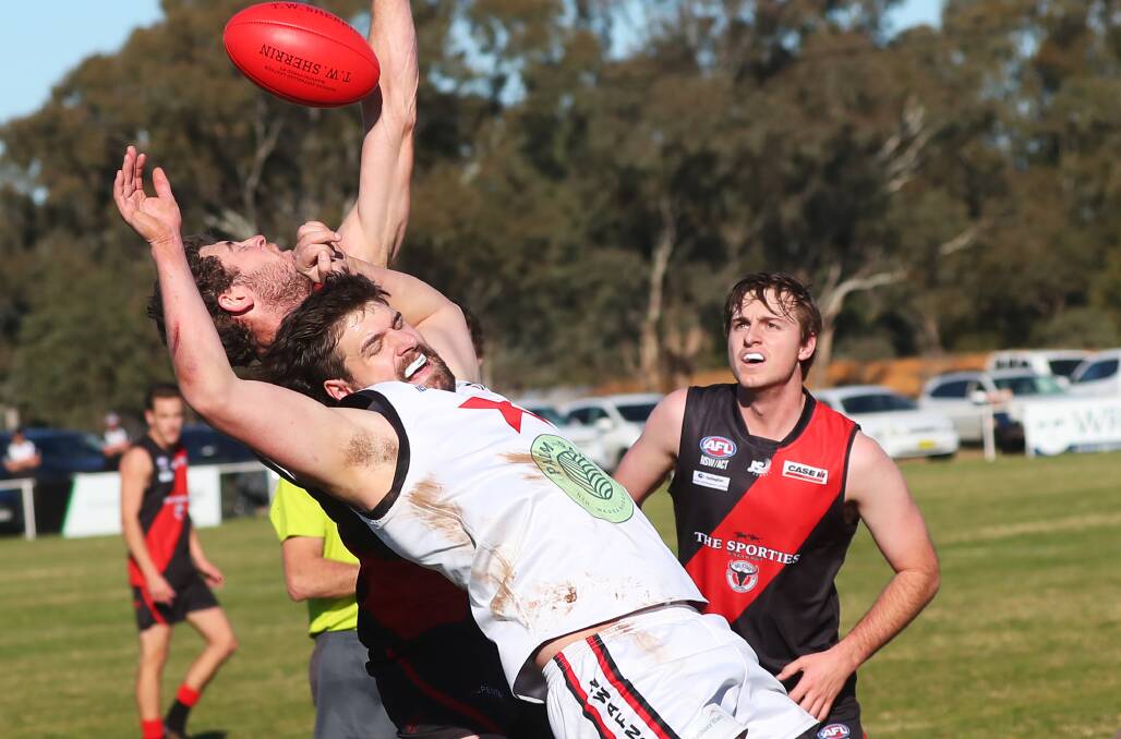 SAINT'S AGONY: North Wagga forward Daniel Jordan (playing against Marrar) fears his season is over after he suffered an ankle injury last week. Picture: Emma Hillier