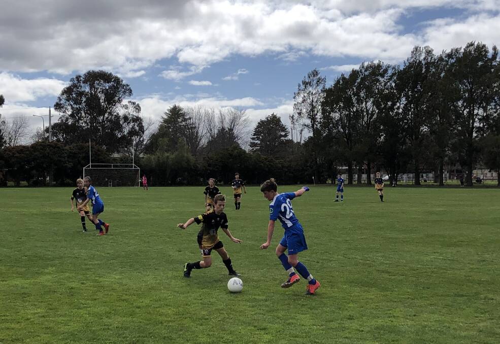 ON THE ATTACK: Kade Lyons takes on a Canberra Olympic defender in the Wanderers' NPL Youth under 13s boys draw.