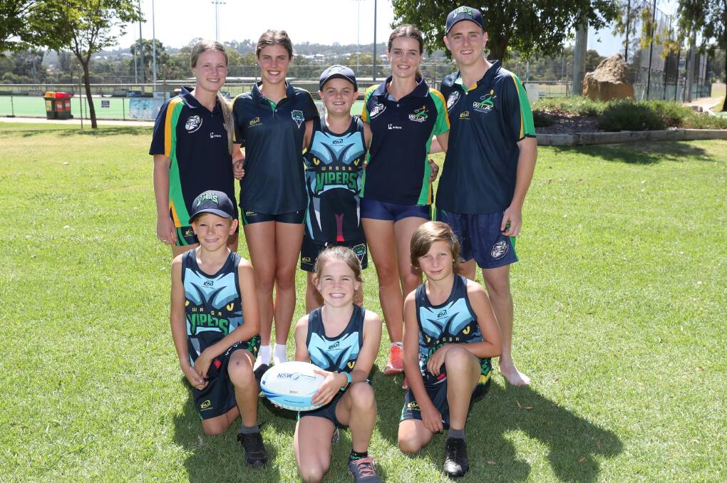 VIPERS: (back) Maddie Browning, 14, Asha Murphy, 15, Tyler Jordan, 10, Ella McFarlane, 15, Riley Browning, 15; (front) Diezel Watson, 9, Georgie Hayes, 9, and Jag Ashcroft, 10, are among the Wagga players in action. Picture: Les Smith