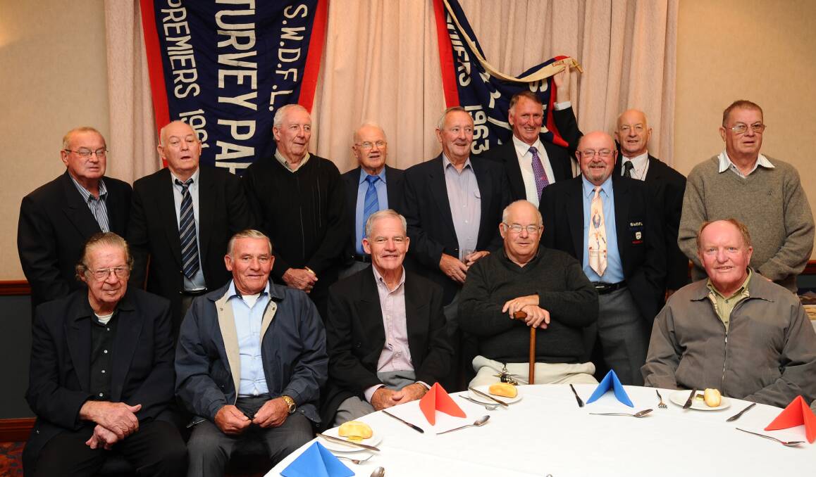 Keating (front left) with Turvey Park teammates at the 50-year reunion of their 1961 South West premiership. Back row: Charles Baker, Don Baker, Fred Gallagher, Geoff Nye, Bob Thomson, Peter Nicholls, John McNamara, Lou Cox and Allan Grentell. Front: Keating, Pat Harrison, Charles Harrison, Bill Kendall and Rob Nolan.
