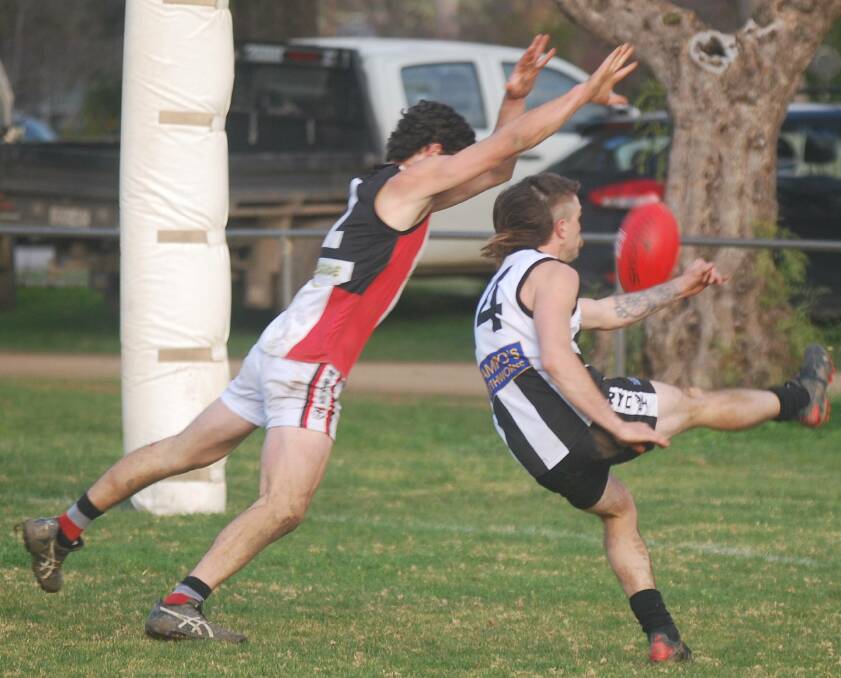 TRYC's Jordan Kemp has a snap towards goal in the last quarter of their heroic win against North Wagga last week. Picture: Sean Cunningham