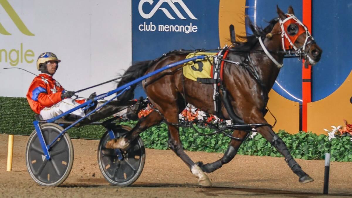 BACK ON TRACK: Whereyabinboppin claims a Group Three victory at Menangle in 2020 for driver Cameron Hart. He'll line up in the $15,000 Pacers Cup at Leeton on Saturday night. Picture: Club Menangle