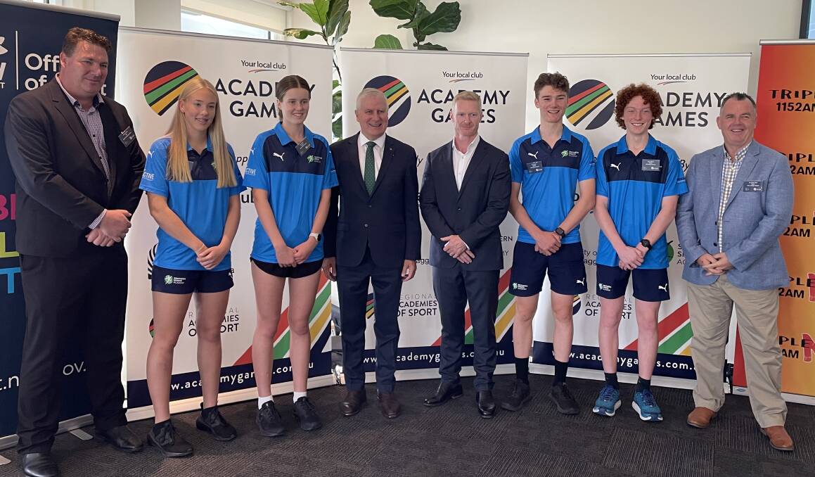 STARS OF THE FUTURE: Southern Sports Academy athletes (from left) Claudia Hocking, Ava Moller, Luke Nixon and Oscar Mitter with dignitaries Brett O'Farrell, Michael McCormack, Mark Calverley and Dallas Tout. Picture: Peter Doherty