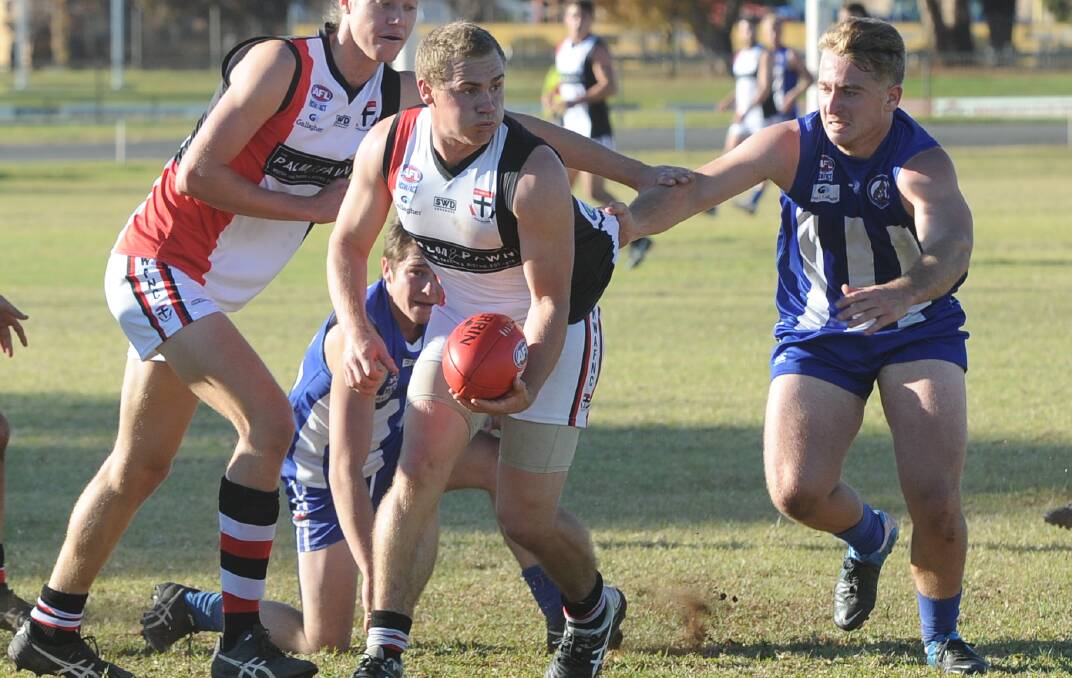 Hamblin gets the Saints moving against Temora at Nixon Park. Picture: Peter Doherty