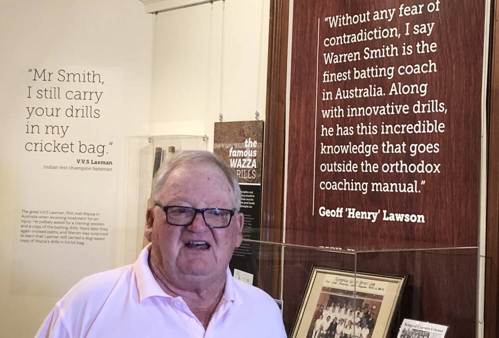 Legendary coach, Warren Smith, framed by a couple of glowing tributes from greats of the game. The VVS Laxman and Geoff Lawson quotes are featured in the Museum of the Riverina exhibition at the old Council Chambers on Baylis Street. Picture: Peter Doherty