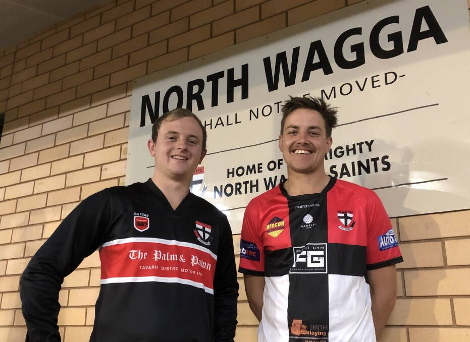TON OF FUN: North Wagga defender Sam Longmore (left) will become just the fifth player in the Saints' modern era to bring up 100 senior games for the club. Ben Alexander (right) is just four games away. Picture: Peter Doherty