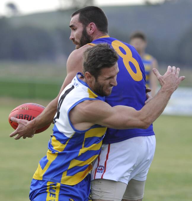 Lawder was back at Narrandera in 2015, pictured playing against MCUE's Col Sanbrook. Picture: Les Smith