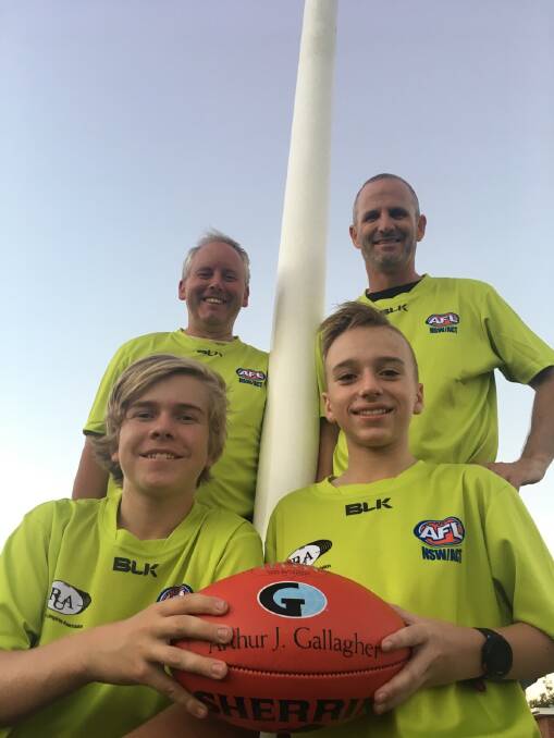 NEXT GENERATION: Max Charleson (left) and Ernie Sanbrook are backed by Dave Waterman and Tim Beard at Riverina umpires training this week. 
