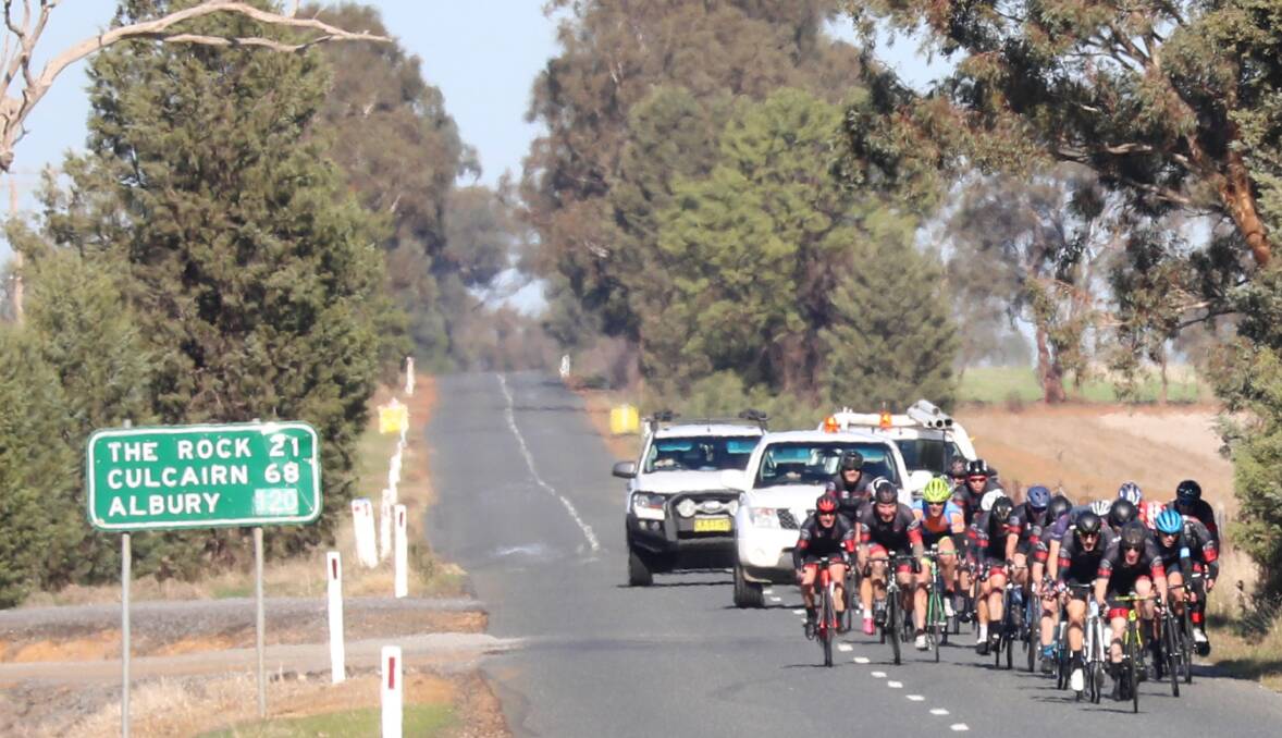 The leading bunch on the road from The Rock back to Collingullie in last year's Butch Menz Memorial race. 