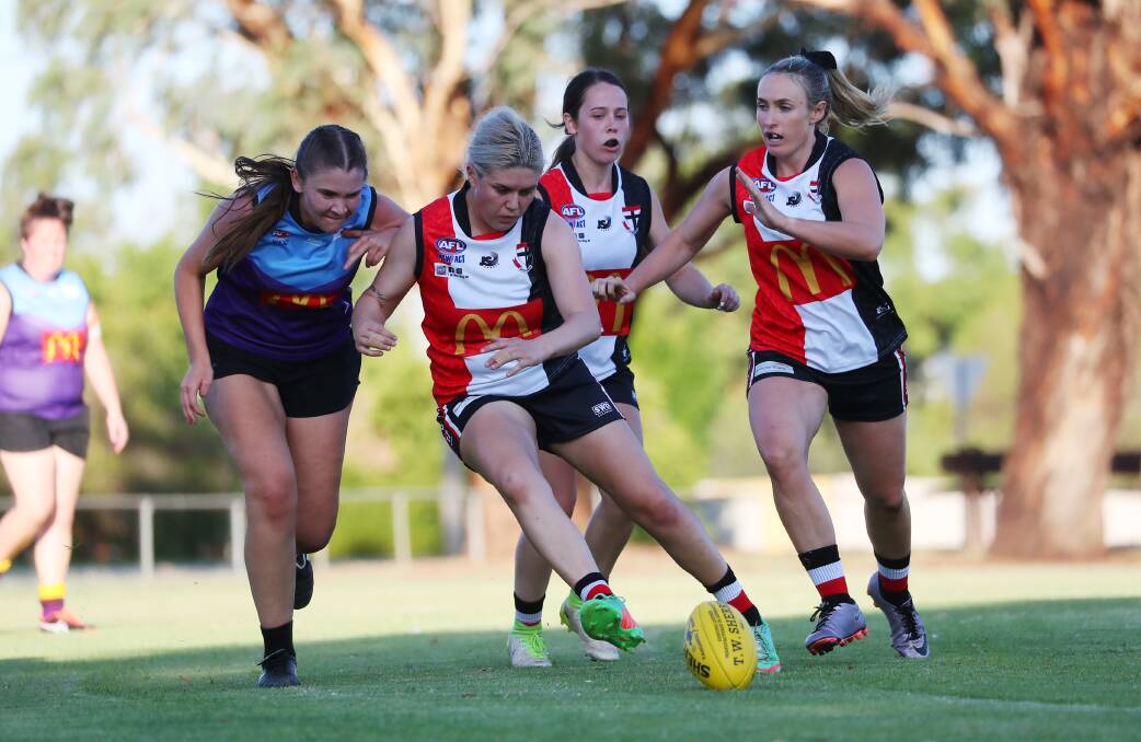ON THE BALL: North Wagga Saints and Brookdale Bluebells do battle in this year's expanded AFL Southern NSW Women's league. Picture: Emma Hillier