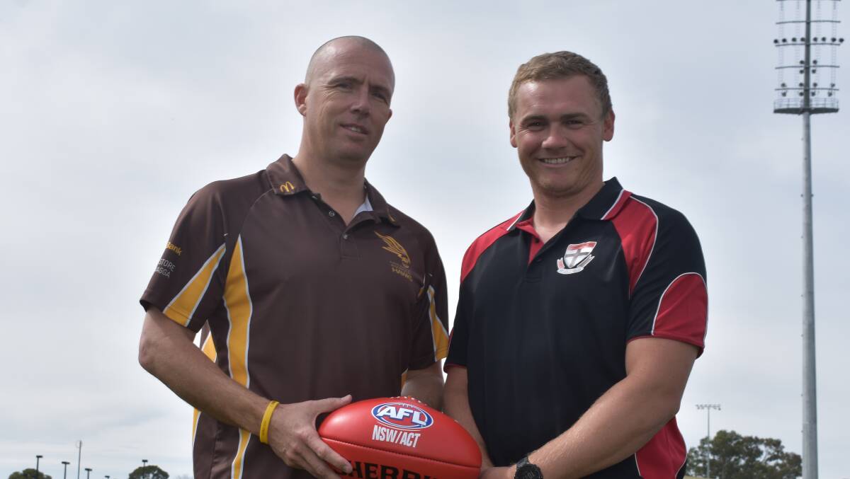 Opposing coaches Matt Hard and Kirk Hamblin at Robertson Oval on Thursday. Picture: Courtney Rees