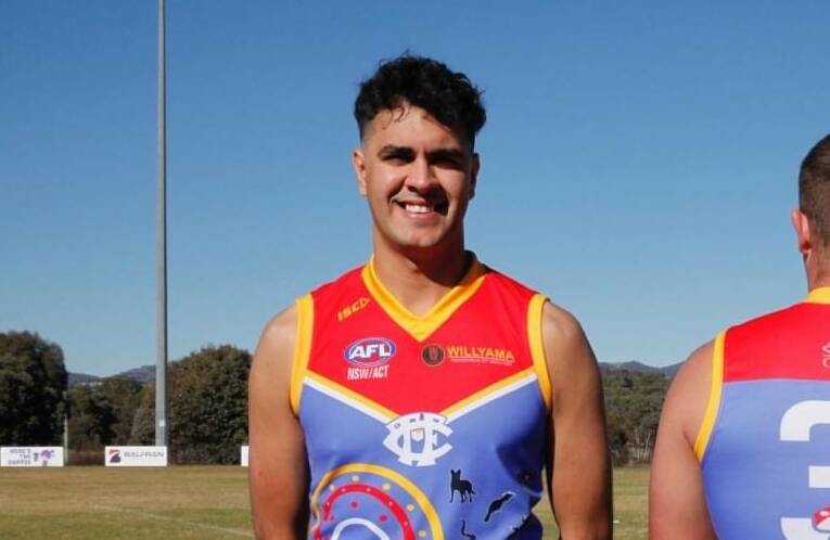 EXCITED: New Marrar key position player Logan Gray models an Indigenous round jumper at Tuggeranong. 