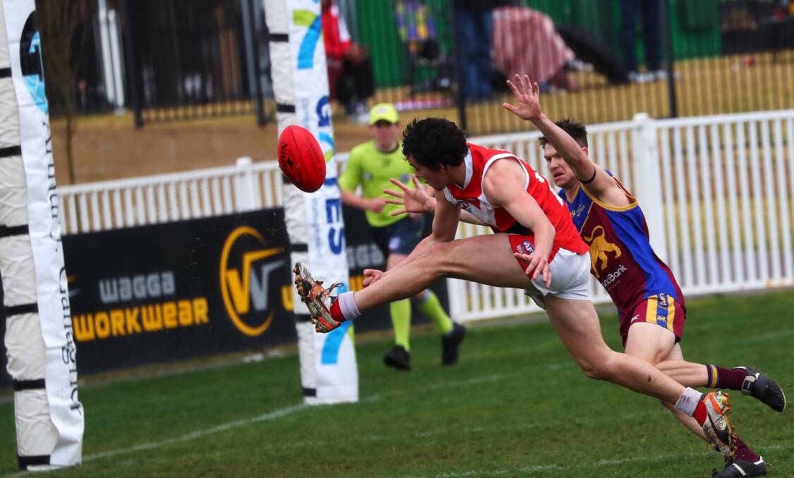 Dan Kennedy with a shot at goal in Collingullie-Glenfield Park's qualifying final win over GGGM. The AFL says it's rule changes at the top level are aimed at producing more free-flowing football. It is yet to be determined which rule changes will apply to AFL Riverina competitions.