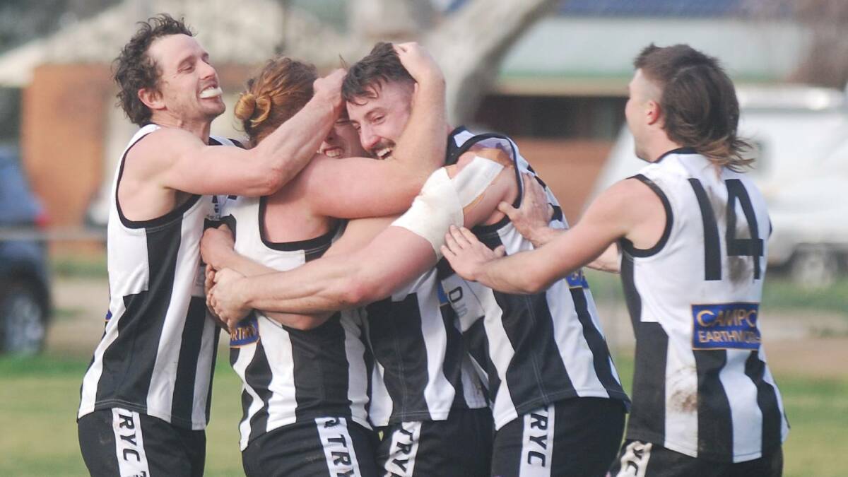 SHORTENED CELEBRATION: Magpies enjoy the last minute goal against North Wagga in round 17 that put them into the top three, ensuring they surpassed expectations of qualifying for finals.
