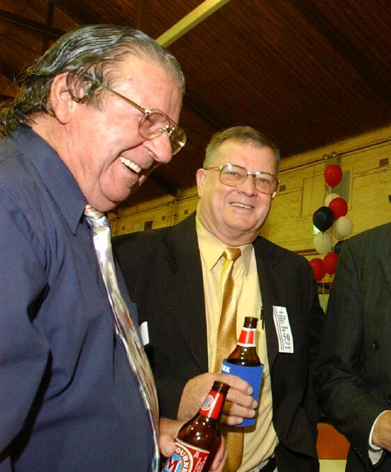 Keating enjoying a laugh and a beer with Allan Grentell at an early Turvey reunion.