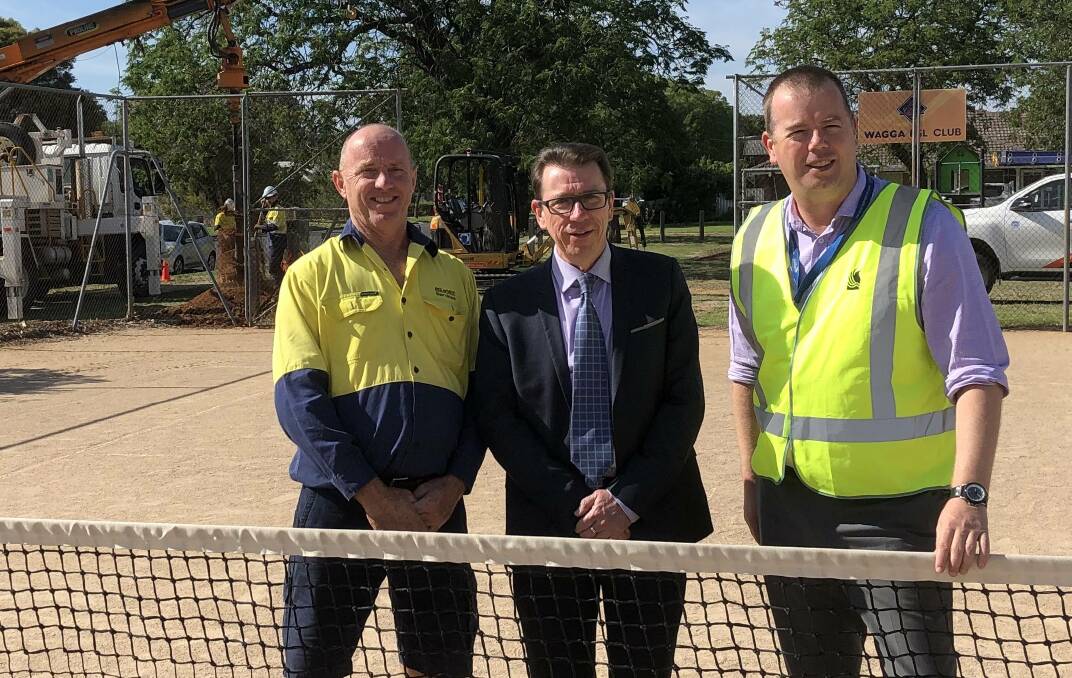 Member for Wagga, Dr Joe McGirr, at South Wagga Tennis Club for the first step in redevelopment of courts. The state MP is with the tennis club's Scott Toole (left) and Ben Creighton from Wagga Council. 
