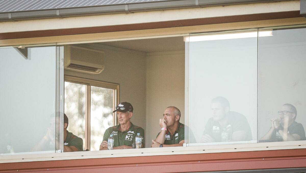 BRAINS TRUST: South Sydney head coach Wayne Bennett with assistant Shane Millard who was in charge on Saturday. Picture: James Wiltshire
