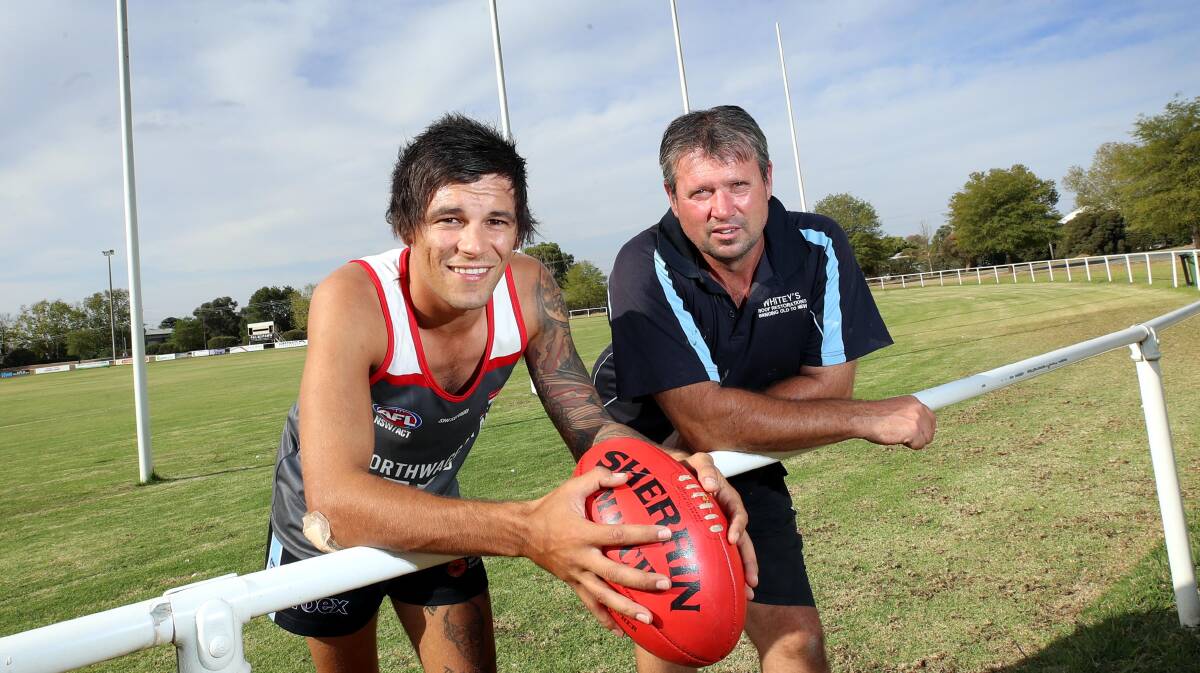 Hancock with Dave White after arriving at North Wagga in the pre-season. Picture: Les Smith