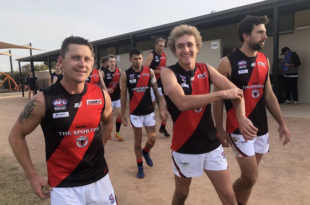 ALL SMILES: Marrar were well led by captain Jackson Moye (left) and Jack Reynolds off half-back in Saturday's win at Barellan.