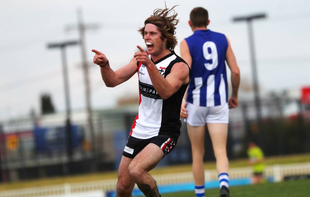 CULT FIGURE: North Wagga's Corey Watt celebrates one of his goals. A favourite of the Saints' faithful, Watt was up and about from the word go in Saturday's qualifying final at Robertson Oval. Picture: Emma Hillier