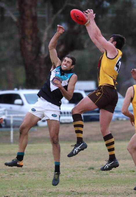 FOUR CLEAR MEDALS: Nick Hull (2016, 2018) and Mitch Haddrill (2017, 2019) have shared the last four league medals in the Farrer League. Haddrill broke a finger in this game against the Hawks in 2018, forcing him to miss the last two months of that season. Hull had finger trouble most of this year. 
