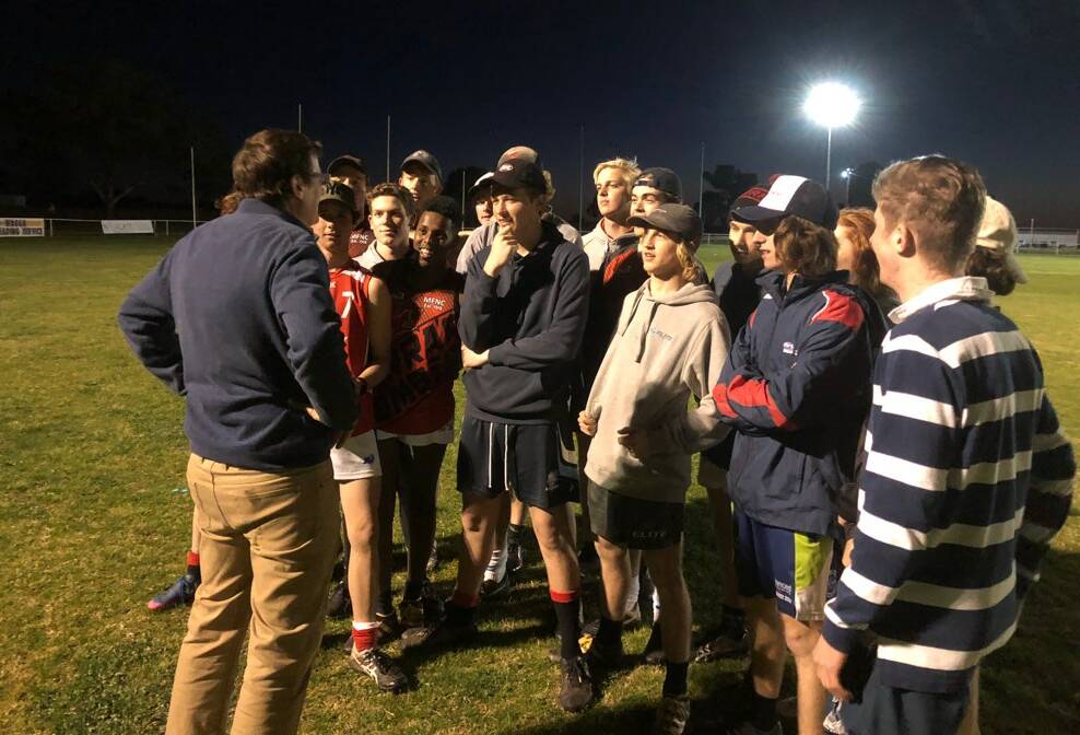 GREAT EXPECTATIONS: Marrar coach Isaac Hill addresses the Bombers Under 17.5 side at training on Thursday night.