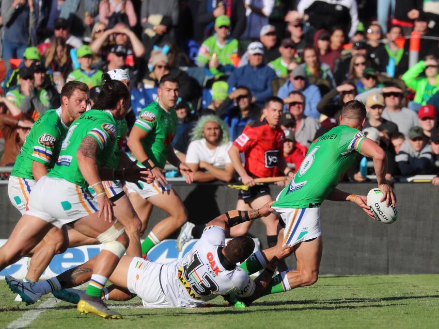 Canberra Raiders and Penrith battle in last year's NRL game in Wagga. This year's game scheduled for Wagga is cancelled and the competition on hold pending a way out of the coronavirus shutdown. Pictures: Les Smith