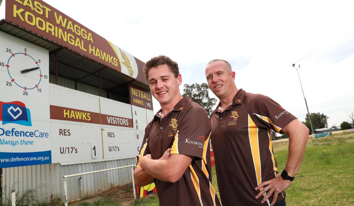 HAWKS CONTENT: East Wagga-Kooringal coach Matt Hard (right) says they're happy with their list, headed by star signing Nick Ryan (left). They aren't hunting for late recruits despite losing Daniel McCarthy. Picture: Les Smith