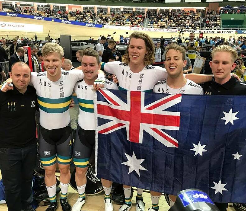 HISTORIC MOMENT: Former Wagga cyclist Cameron Scott, right, was the fifth rider for Australia's gold medal winning, record breaking, team pursuit at the World Championships in Poland last night. Picture: Cycling Australia