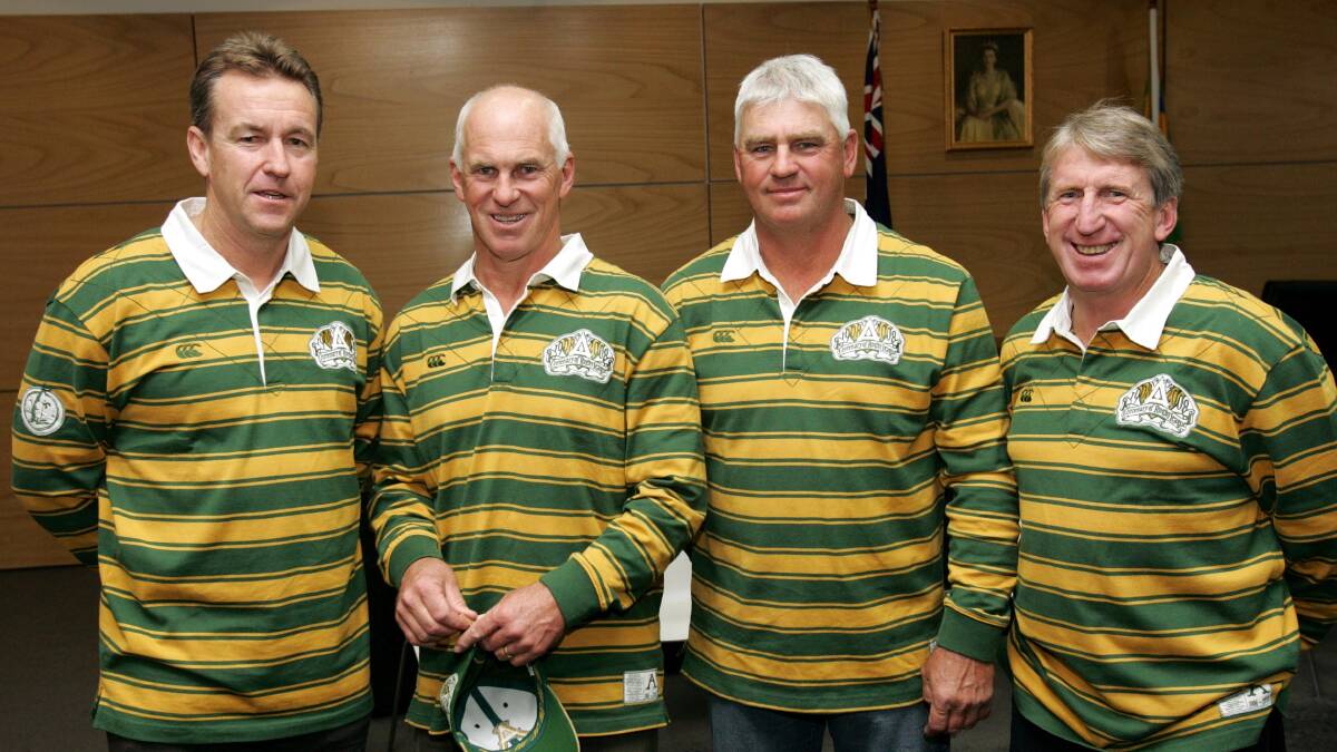 Greg Brentnall with the Mortimer brothers, Peter, Chris and Steve, at the 2008 Mayoral Centenary of League celebrations in Wagga.