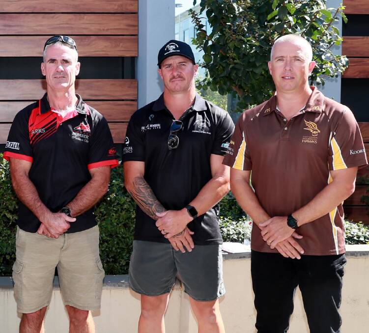 RESPECTED VOICES: Current Farrer League coaches (from left) Shane Lenon, Brad Aiken and Matt Hard at last year's season launch. They're among many concerned about what the competition could become. Picture: Les Smith