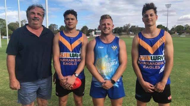 Narrandera president Mark Savage with new coach Jordan Hedington (second from right) and new recruits Thomas Flight and Zac Derksen, when the club was still hoping a season would go ahead. 