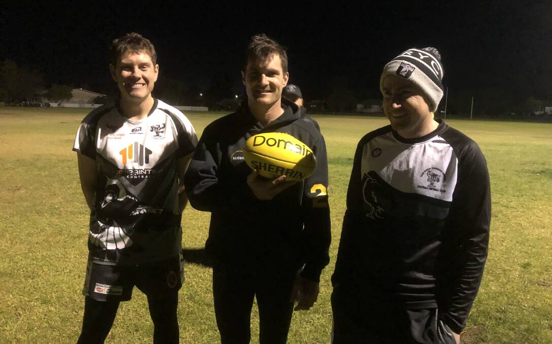 STILL SMILING: 2015 premiership players (from left) Aiden Ridley, Tom Yates and Bryan Ball at The Rock-Yerong Creek training earlier this month, when it looked like this season was going ahead. 