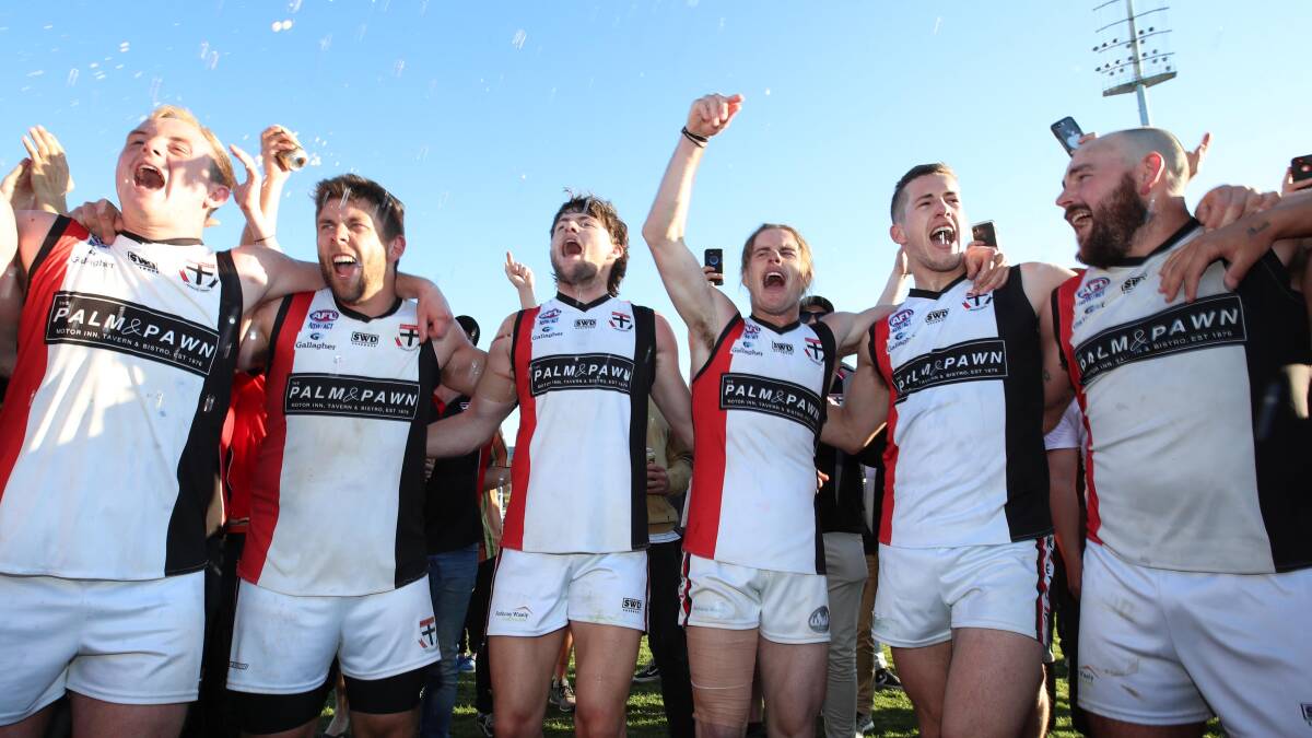 SING IT: (from left) Saints backmen Sam Longmore, Matt Thomas and Lachie Robertson with Corey Watt, the departing Tom Bennetts and the retiring Lachie Steward. Picture: Les Smith