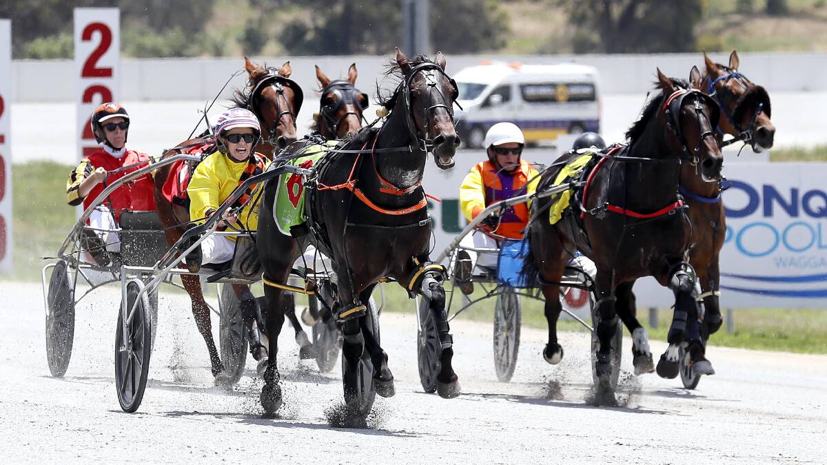 STORMING HOME: Driver Jessica Prior and Mactrim (no.6, trained by Rick Burnett) unleash an explosive finish for a maiden win at Riverina Paceway. Picture: Les Smith