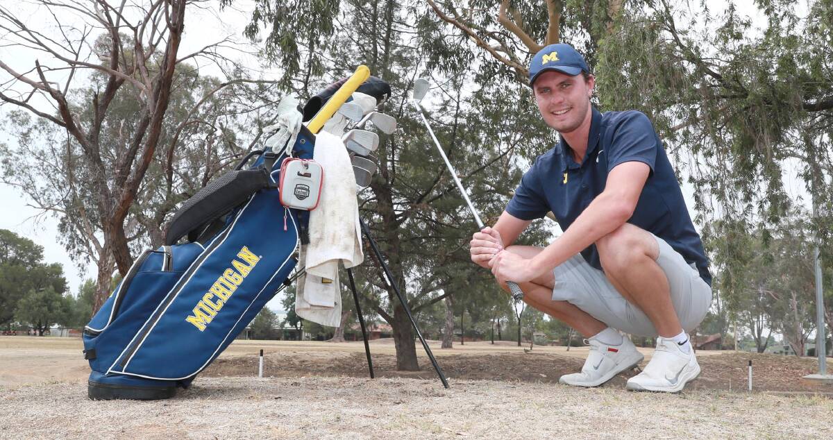 WORLDS COLLIDE: Charlie Pilon at the Wagga Country Club while home from the University of Michigan where he's playing golf and studying on a sports scholarship. Picture: Les Smith
