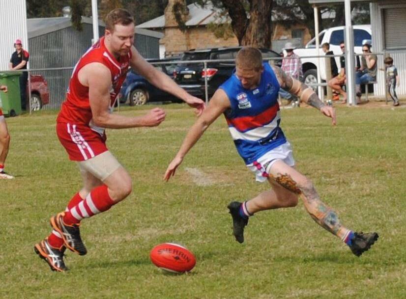 Ryan Quade (left) kicked 26 goals in a season at Henty in 2015. They finished runners-up in the Hume League.