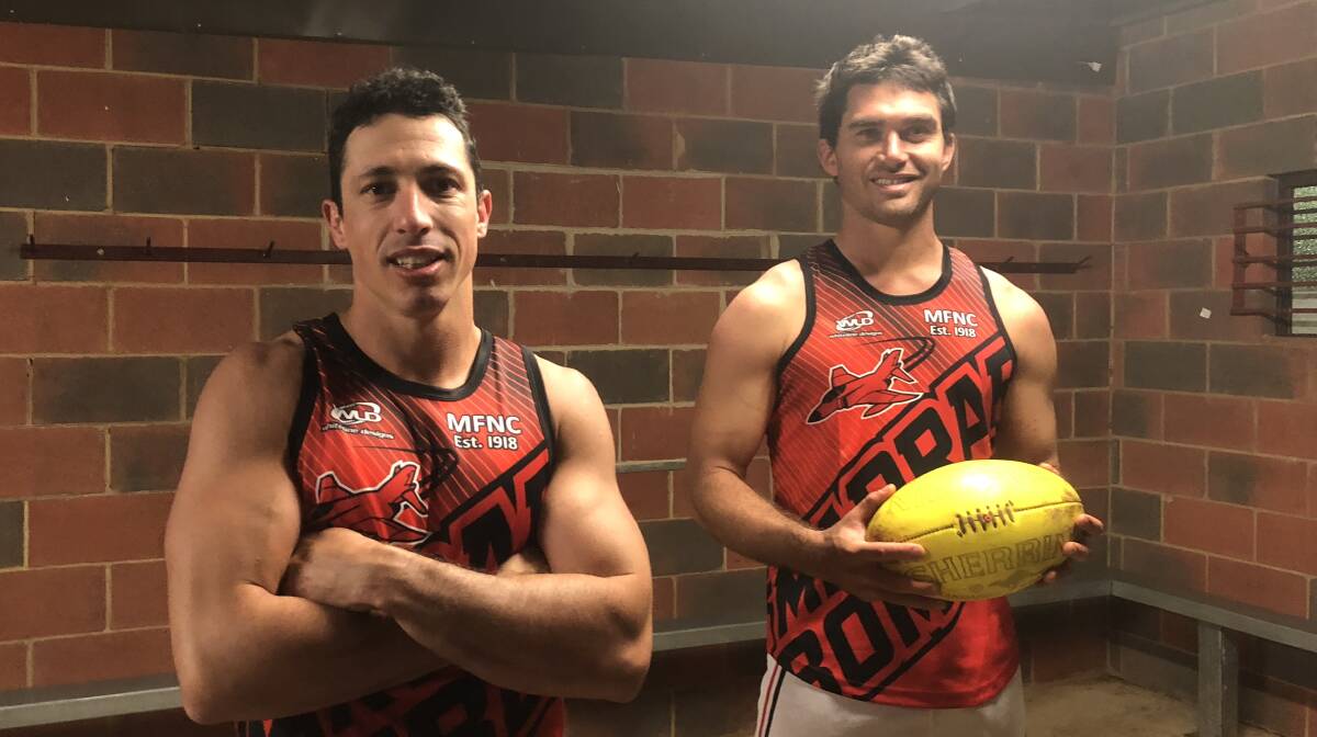LATE ARRIVALS: New Marrar signings Curtis Allen and Fred Sleeth after their first training with the Bombers on Thursday night. 
