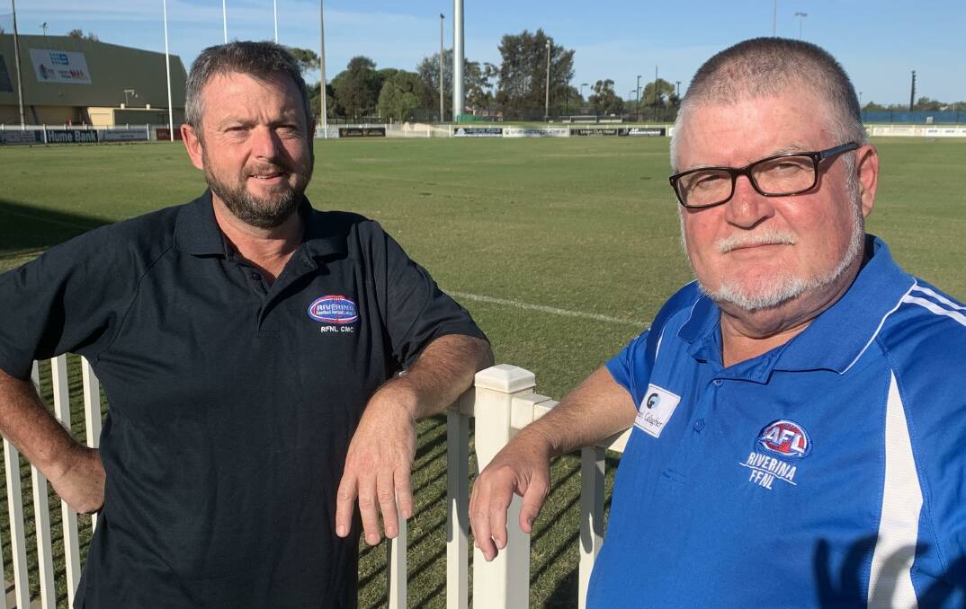 CONTRASTING PLANS: Riverina League president Chris Flanigan (left) has stood down while David Oehm will stay on at the helm of the Farrer League.